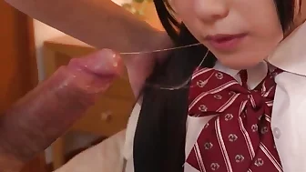 Horny Japanese school-girl Marie Konishi blows for hardcore sex.